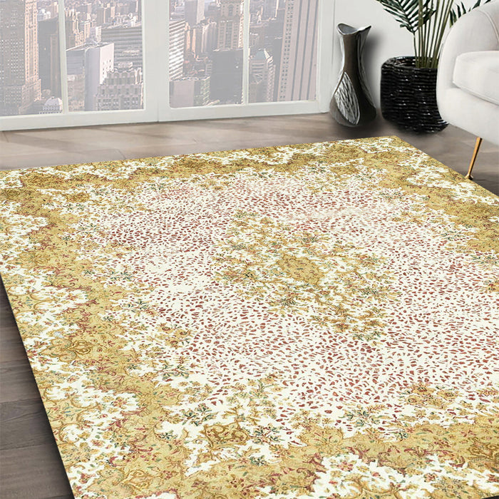Abstract Gold Oriental Rug in Family Room, abs1761