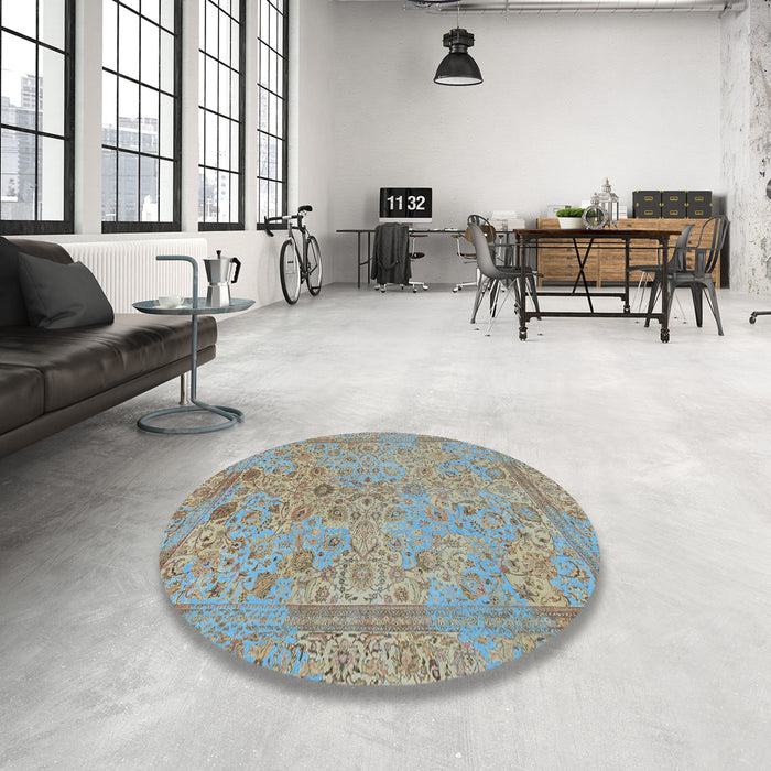 Round Machine Washable Abstract Khaki Green Rug in a Office, wshabs1767