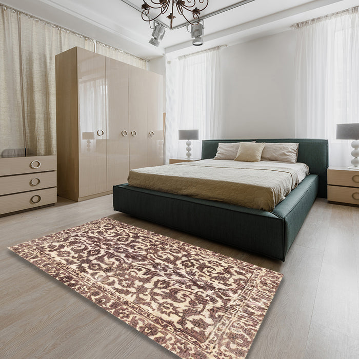 Machine Washable Abstract Chestnut Brown Rug in a Bedroom, wshabs1773
