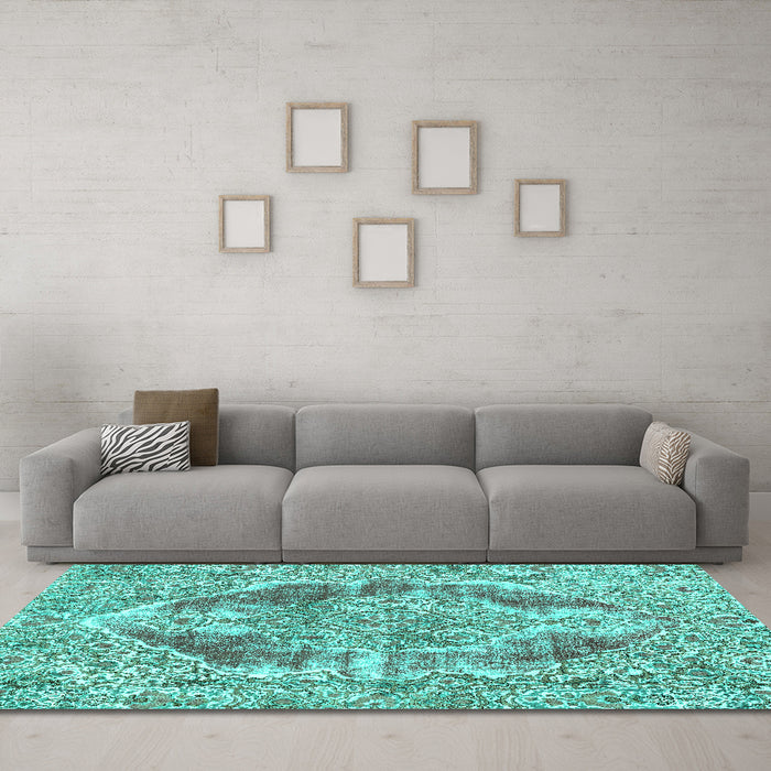 Machine Washable Abstract Turquoise Modern Area Rugs in a Living Room,, wshabs1780turq