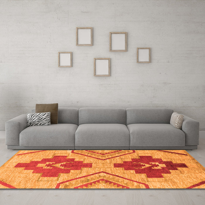 Machine Washable Abstract Orange Modern Area Rugs in a Living Room, wshabs1808org