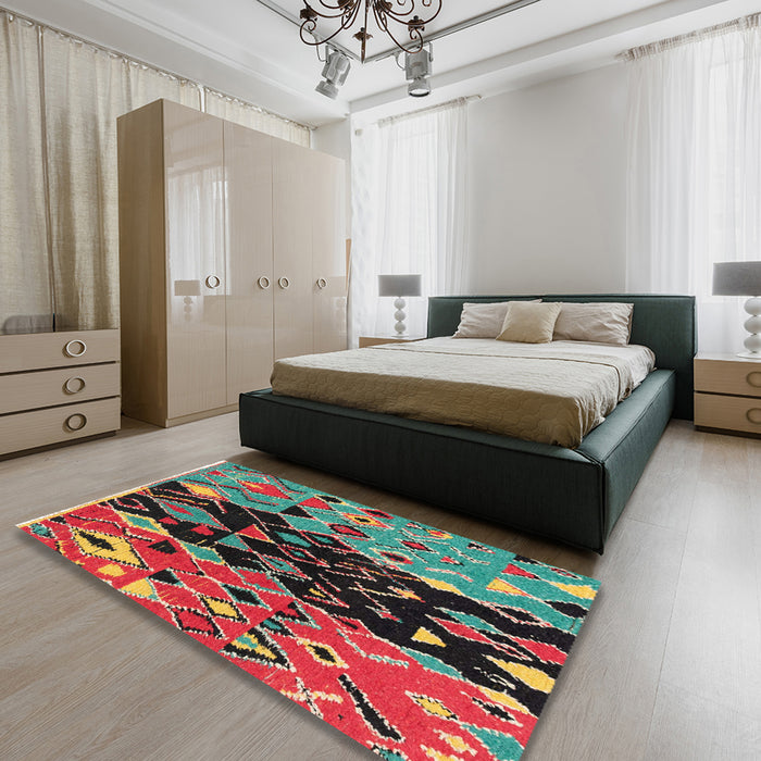 Abstract Saffron Red Oriental Rug in a Bedroom, abs1813