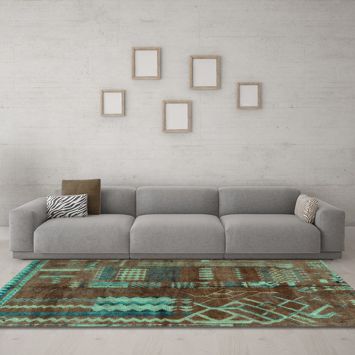 Machine Washable Oriental Turquoise Modern Area Rugs in a Living Room,, wshabs1819turq