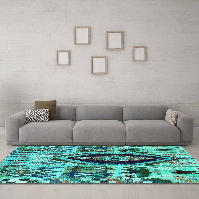 Machine Washable Oriental Turquoise Modern Area Rugs in a Living Room,, wshabs1820turq