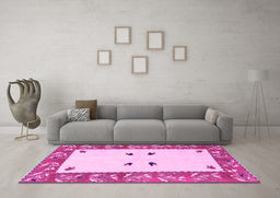 Machine Washable Oriental Pink Modern Rug in a Living Room, wshabs1822pnk