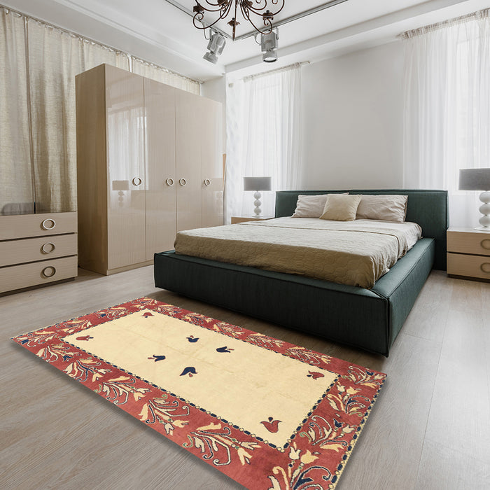 Machine Washable Abstract Brown Gold Rug in a Bedroom, wshabs1822