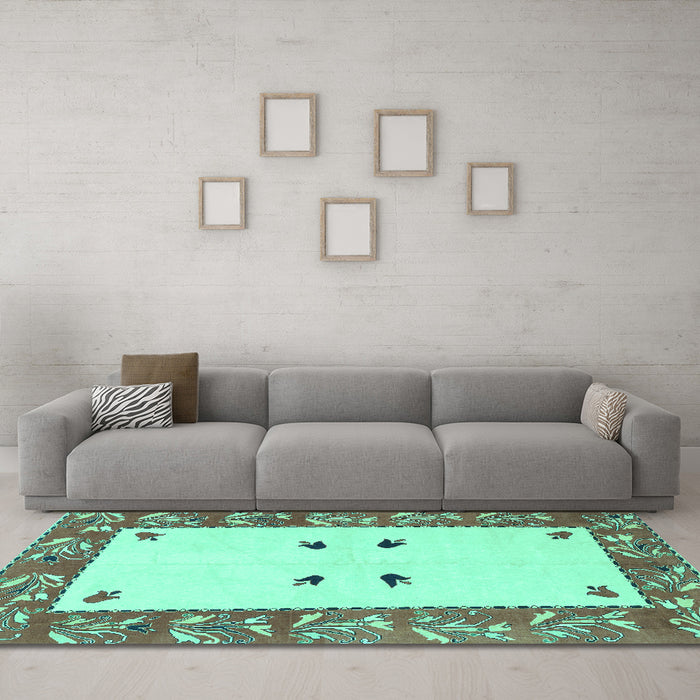 Machine Washable Oriental Turquoise Modern Area Rugs in a Living Room,, wshabs1822turq