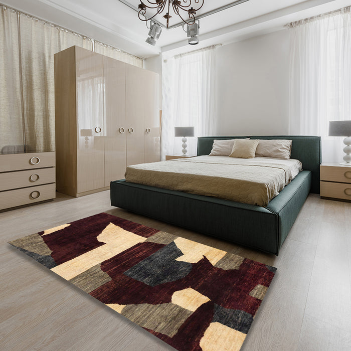 Abstract Dark Almond Brown Oriental Rug in a Bedroom, abs1824