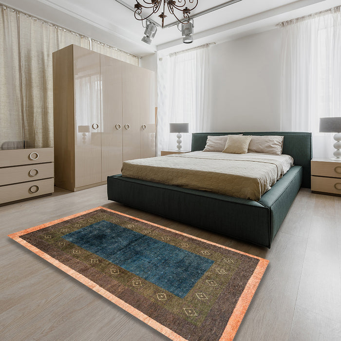 Abstract Dark Almond Brown Oriental Rug in a Bedroom, abs1826