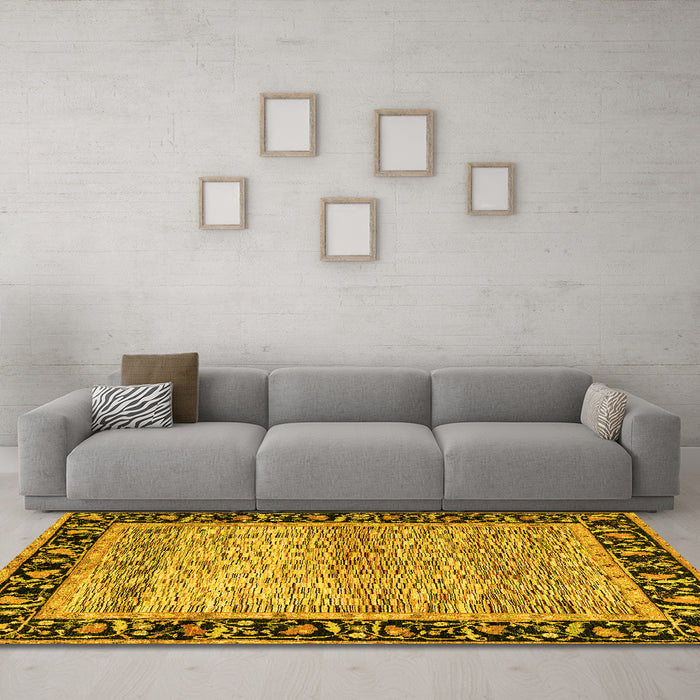 Machine Washable Oriental Yellow Modern Rug in a Living Room, wshabs1830yw