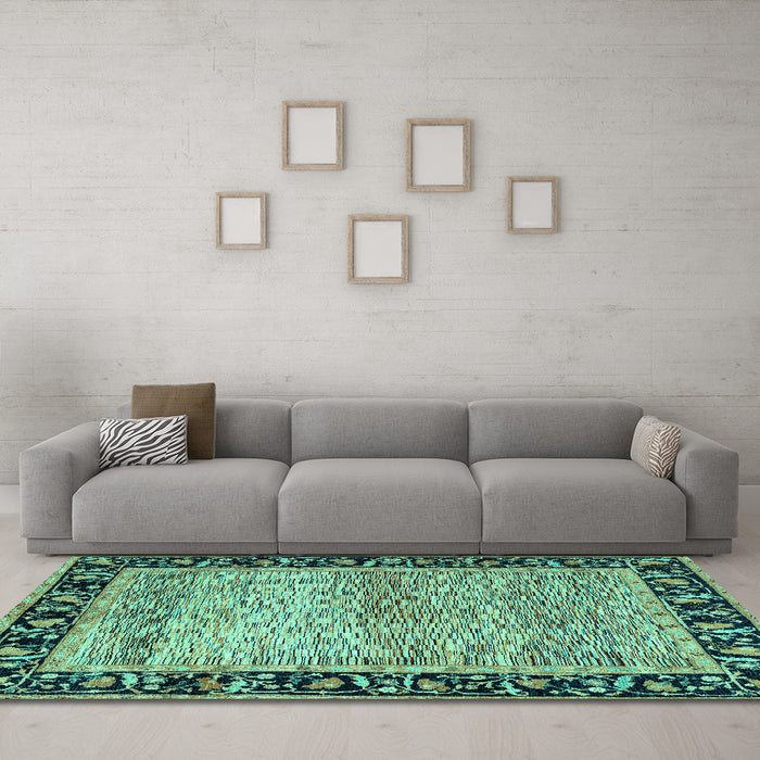 Machine Washable Oriental Turquoise Modern Area Rugs in a Living Room,, wshabs1830turq
