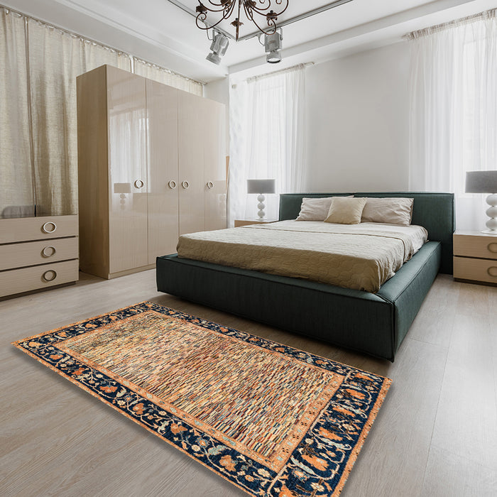 Abstract Sandy Brown Oriental Rug in a Bedroom, abs1830