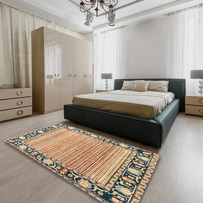 Abstract Chestnut Brown Oriental Rug in a Bedroom, abs1837