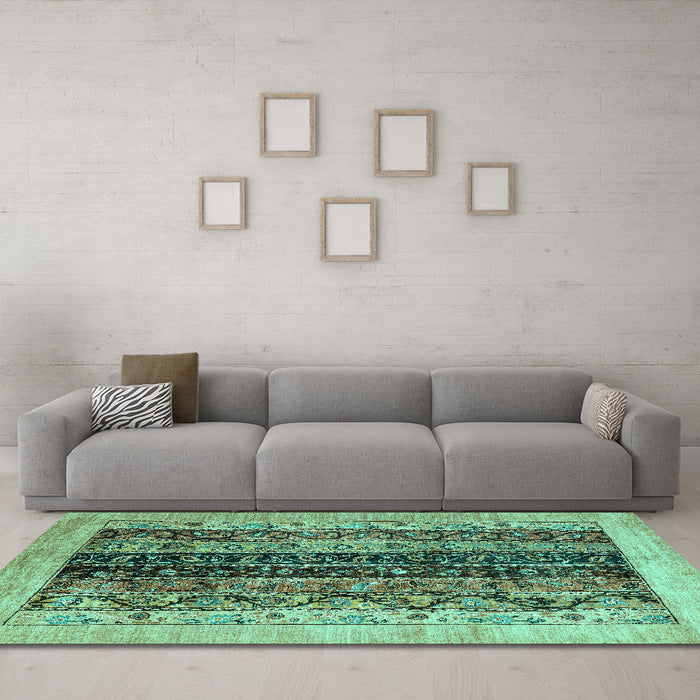 Machine Washable Oriental Turquoise Modern Area Rugs in a Living Room,, wshabs1838turq