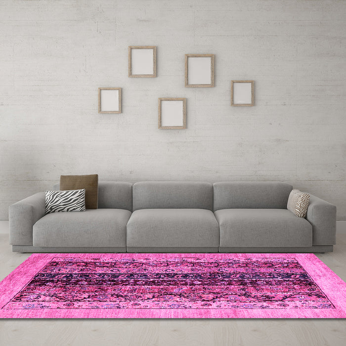 Machine Washable Oriental Pink Modern Rug in a Living Room, wshabs1838pnk