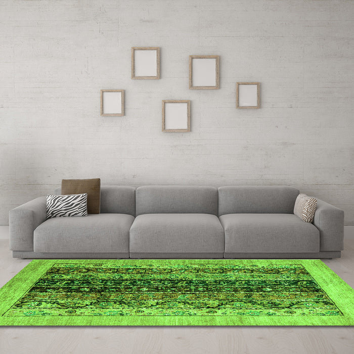 Machine Washable Oriental Green Modern Area Rugs in a Living Room,, wshabs1838grn