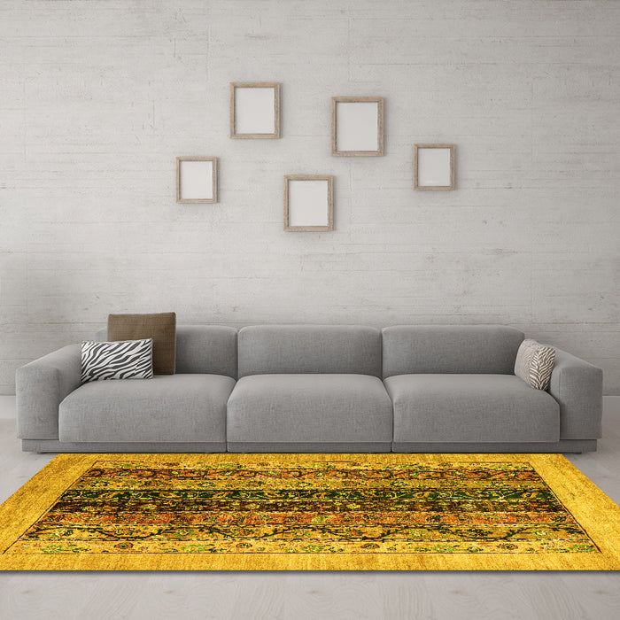 Machine Washable Oriental Yellow Modern Rug in a Living Room, wshabs1838yw