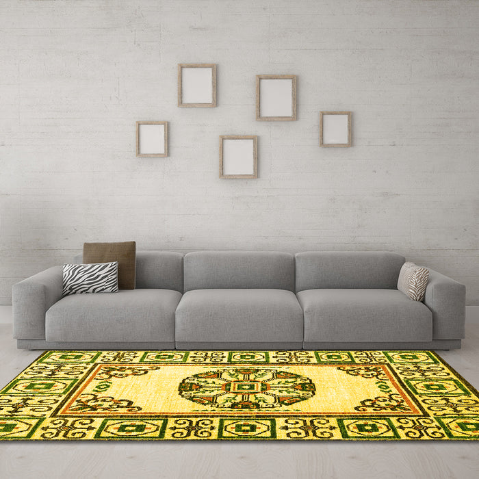 Machine Washable Oriental Yellow Modern Rug in a Living Room, wshabs1841yw