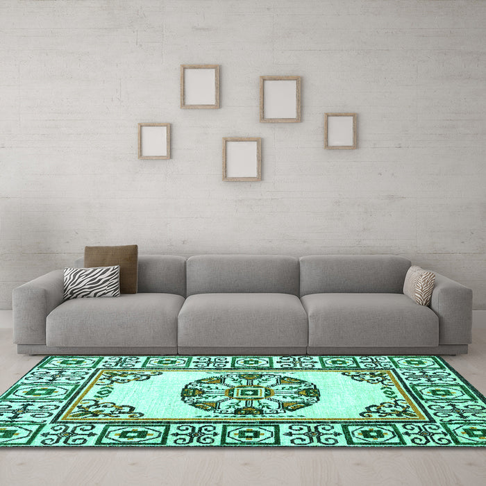Machine Washable Oriental Turquoise Modern Area Rugs in a Living Room,, wshabs1841turq
