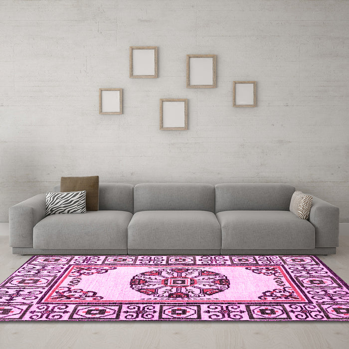 Machine Washable Oriental Pink Modern Rug in a Living Room, wshabs1841pnk