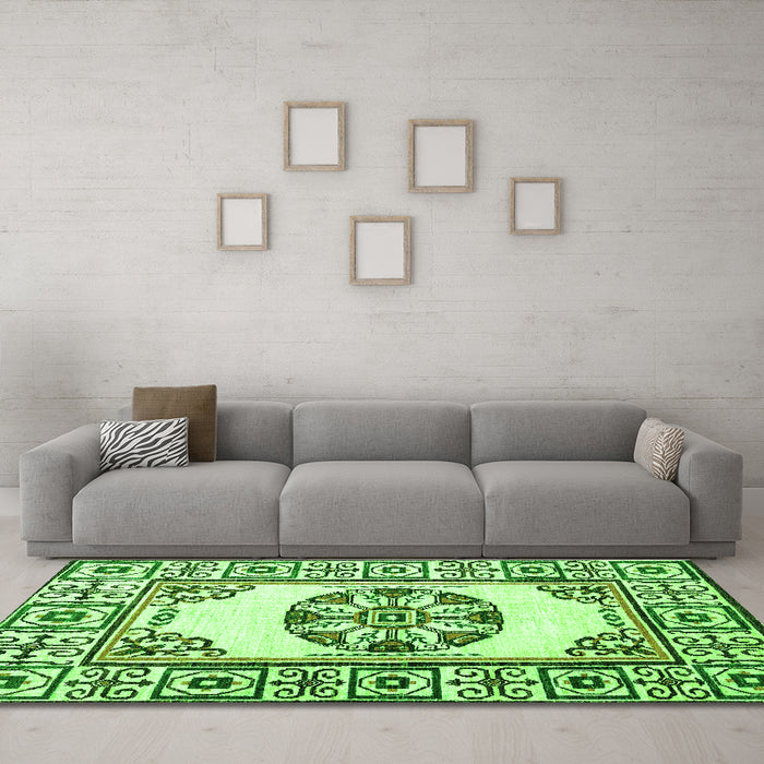 Machine Washable Oriental Green Modern Area Rugs in a Living Room,, wshabs1841grn