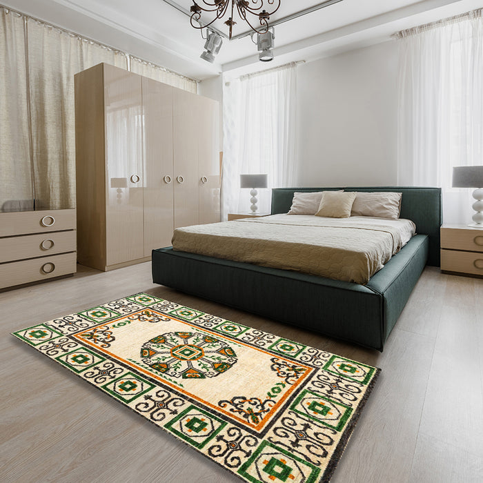 Machine Washable Abstract Khaki Gold Rug in a Bedroom, wshabs1841