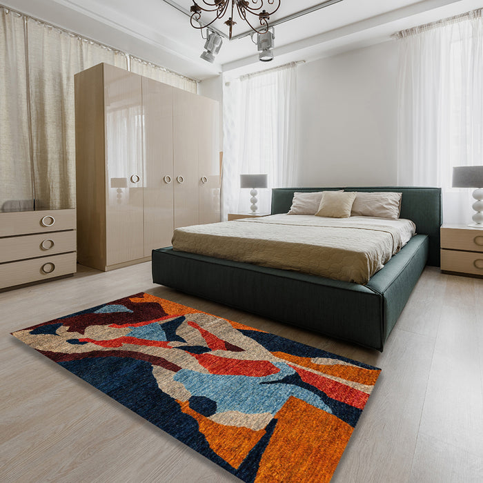 Abstract Dark Almond Brown Oriental Rug in a Bedroom, abs1843