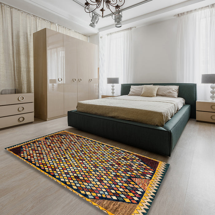 Machine Washable Abstract Metallic Gold Rug in a Bedroom, wshabs1845