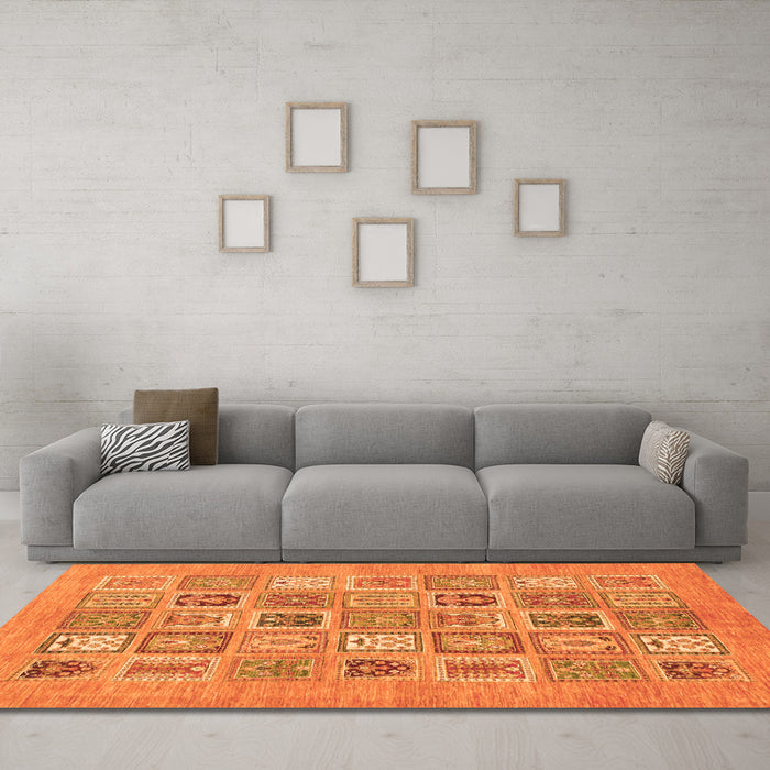Machine Washable Abstract Orange Modern Area Rugs in a Living Room, wshabs1846org