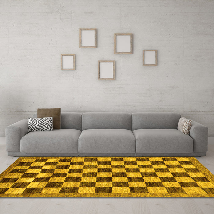 Machine Washable Checkered Yellow Modern Rug in a Living Room, wshabs187yw