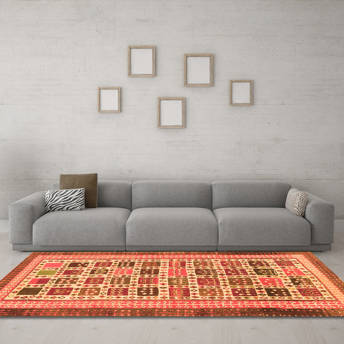 Machine Washable Abstract Orange Modern Area Rugs in a Living Room, wshabs1880org