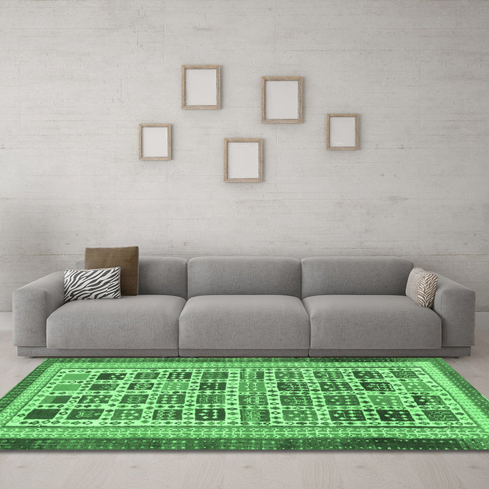 Machine Washable Abstract Emerald Green Modern Area Rugs in a Living Room,, wshabs1880emgrn