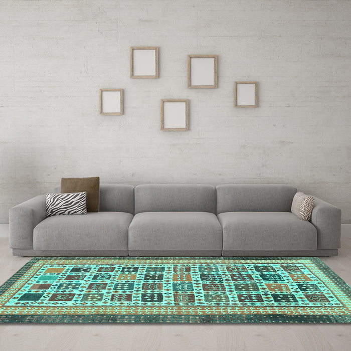 Machine Washable Abstract Turquoise Modern Area Rugs in a Living Room,, wshabs1880turq