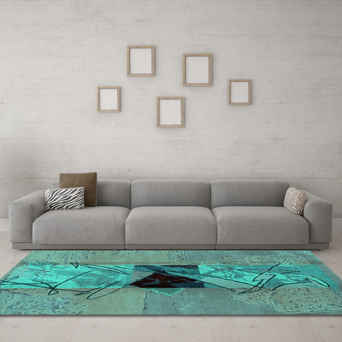 Machine Washable Abstract Turquoise Modern Area Rugs in a Living Room,, wshabs1881turq