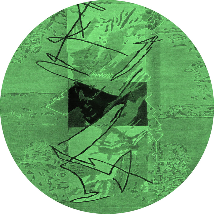 Round Machine Washable Abstract Emerald Green Modern Area Rugs, wshabs1881emgrn