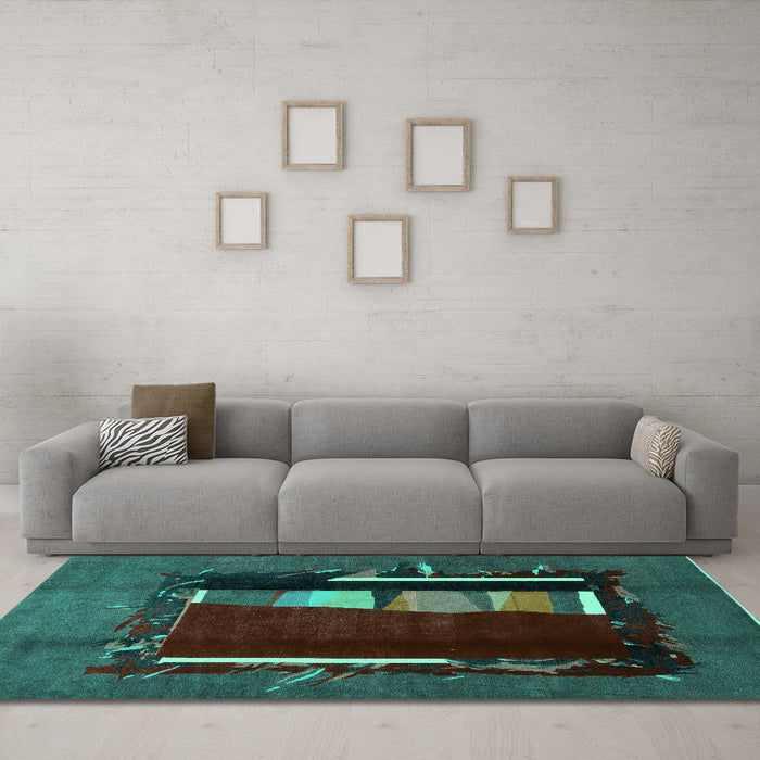 Machine Washable Abstract Turquoise Modern Area Rugs in a Living Room,, wshabs1883turq