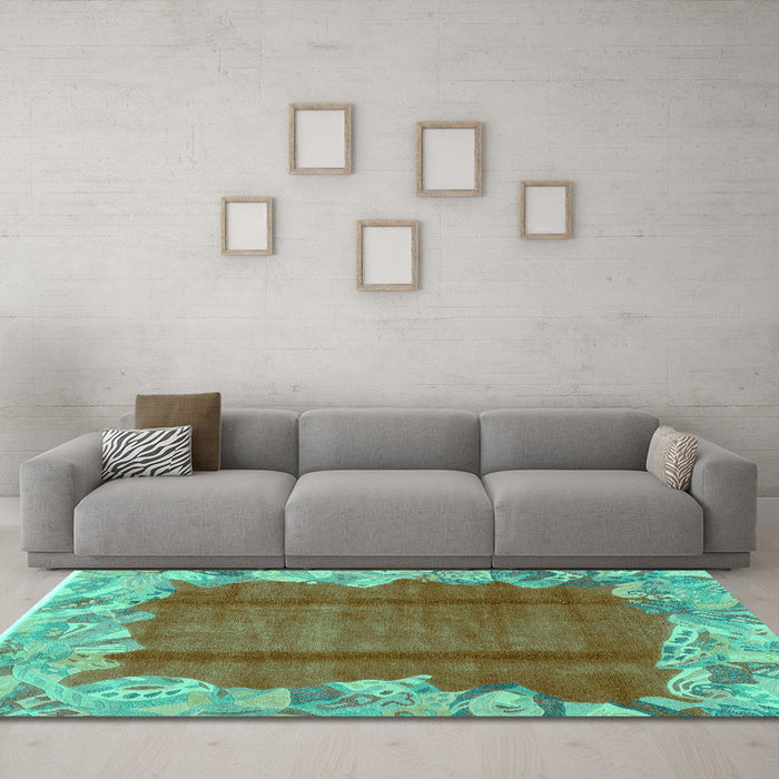 Machine Washable Abstract Turquoise Modern Area Rugs in a Living Room,, wshabs1887turq