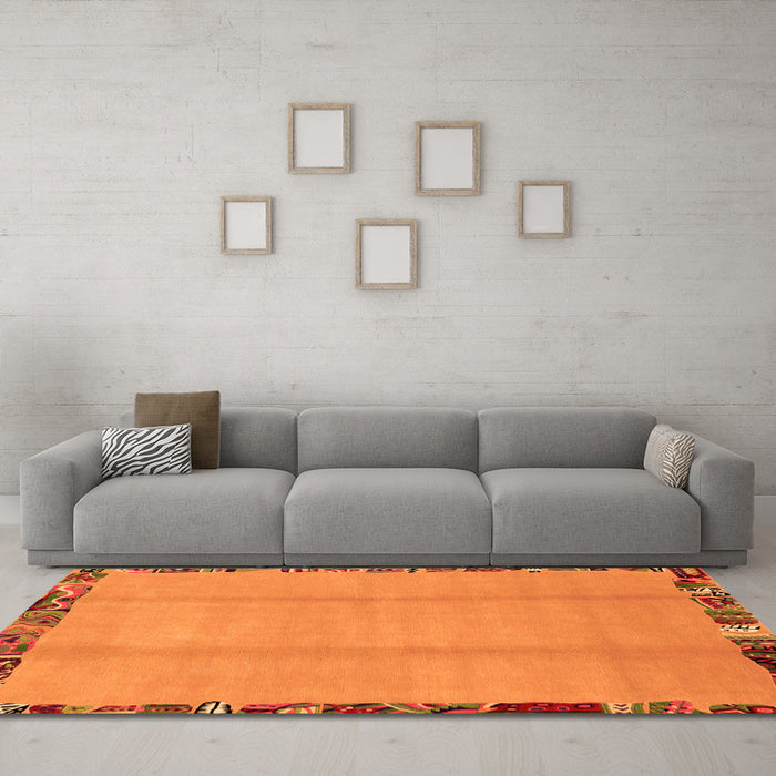 Machine Washable Abstract Orange Modern Area Rugs in a Living Room, wshabs1888org