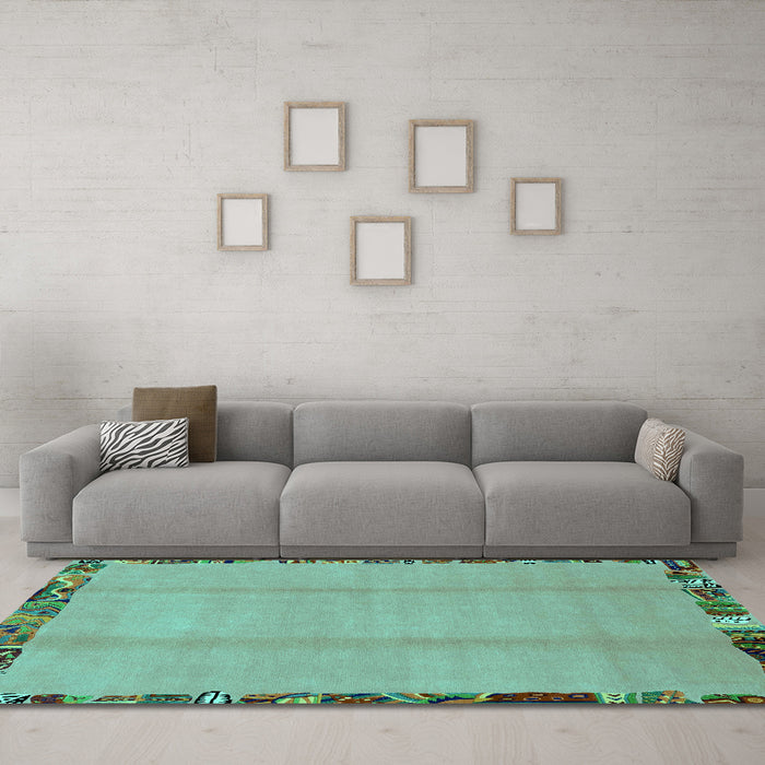 Machine Washable Abstract Turquoise Modern Area Rugs in a Living Room,, wshabs1888turq