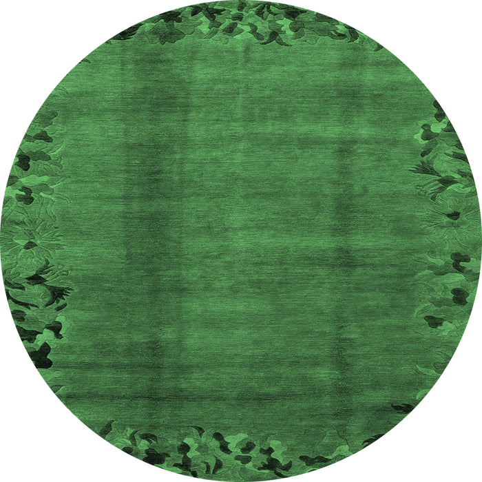 Round Machine Washable Abstract Emerald Green Modern Area Rugs, wshabs1889emgrn