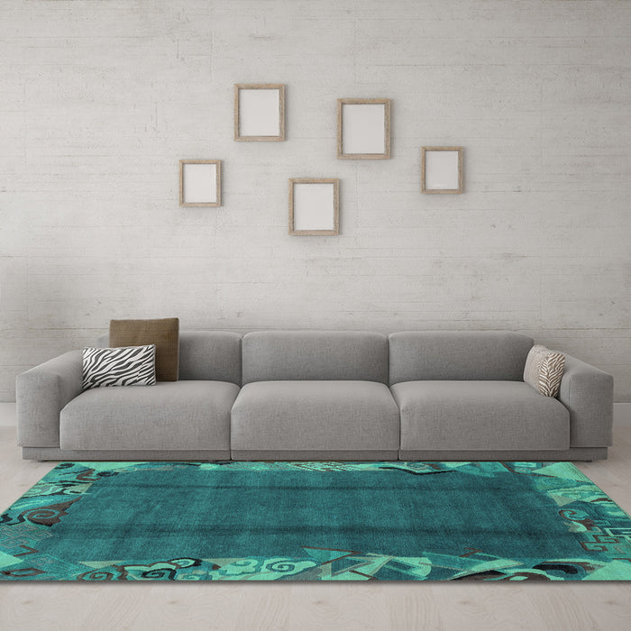 Machine Washable Abstract Turquoise Modern Area Rugs in a Living Room,, wshabs1890turq