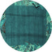 Round Machine Washable Abstract Turquoise Modern Area Rugs, wshabs1890turq