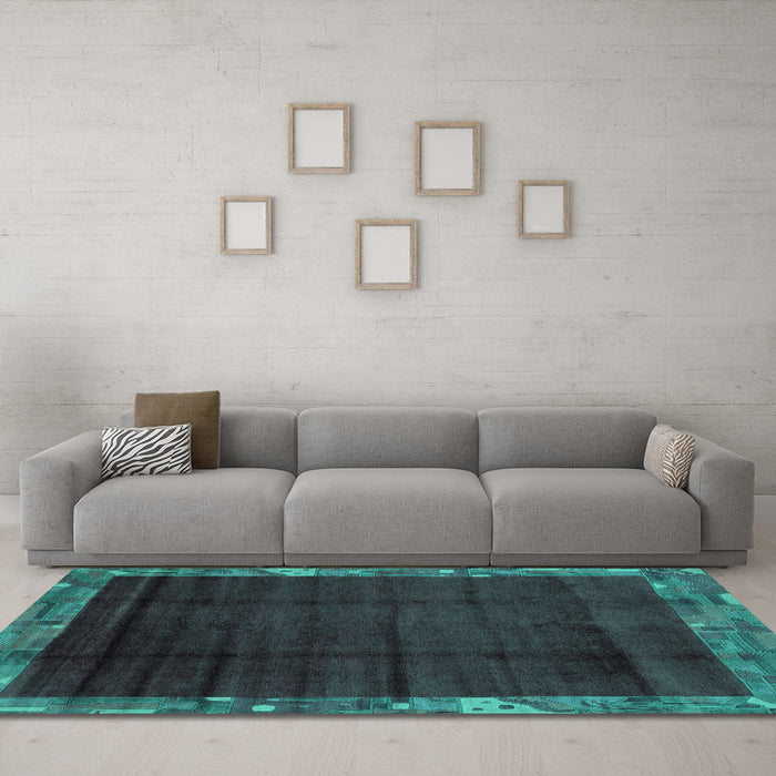 Machine Washable Abstract Turquoise Modern Area Rugs in a Living Room,, wshabs1895turq