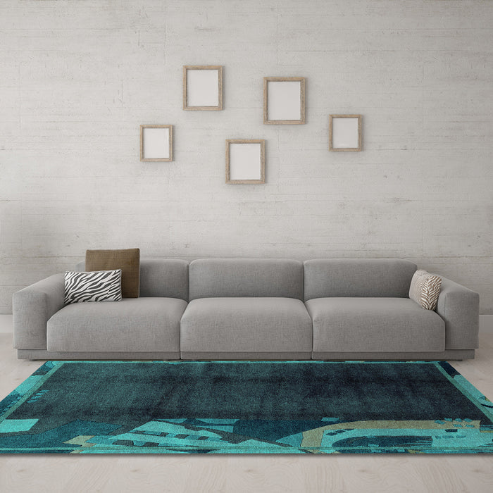 Machine Washable Abstract Turquoise Modern Area Rugs in a Living Room,, wshabs1897turq
