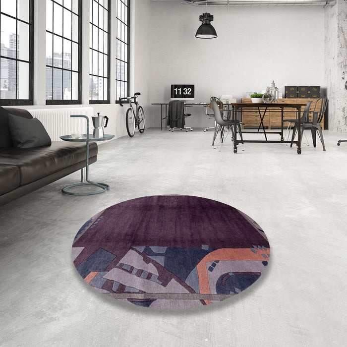 Round Machine Washable Abstract Purple Lily Purple Rug in a Office, wshabs1897