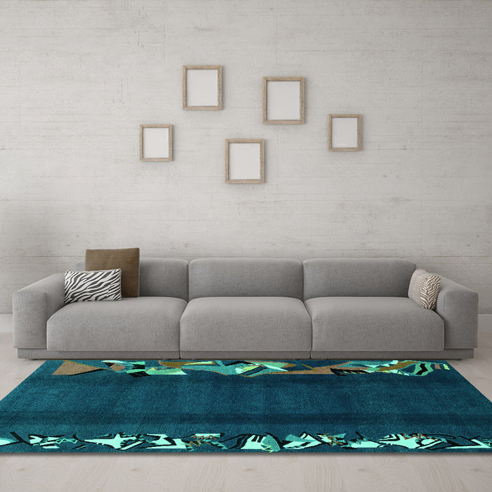 Machine Washable Abstract Turquoise Modern Area Rugs in a Living Room,, wshabs1898turq