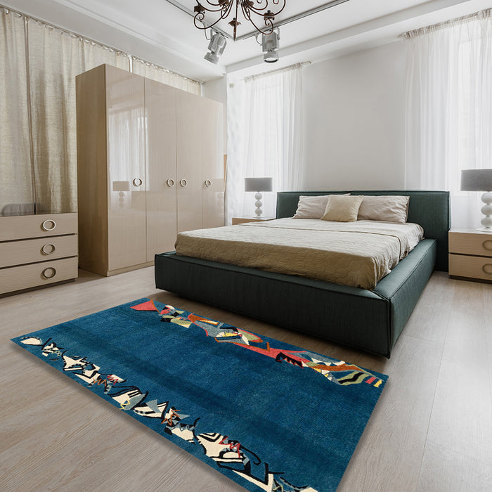Abstract Greenish Blue Green Modern Rug in a Bedroom, abs1898