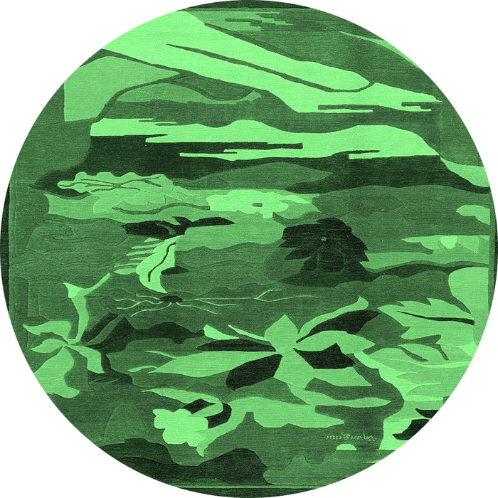 Round Machine Washable Abstract Emerald Green Modern Area Rugs, wshabs1899emgrn