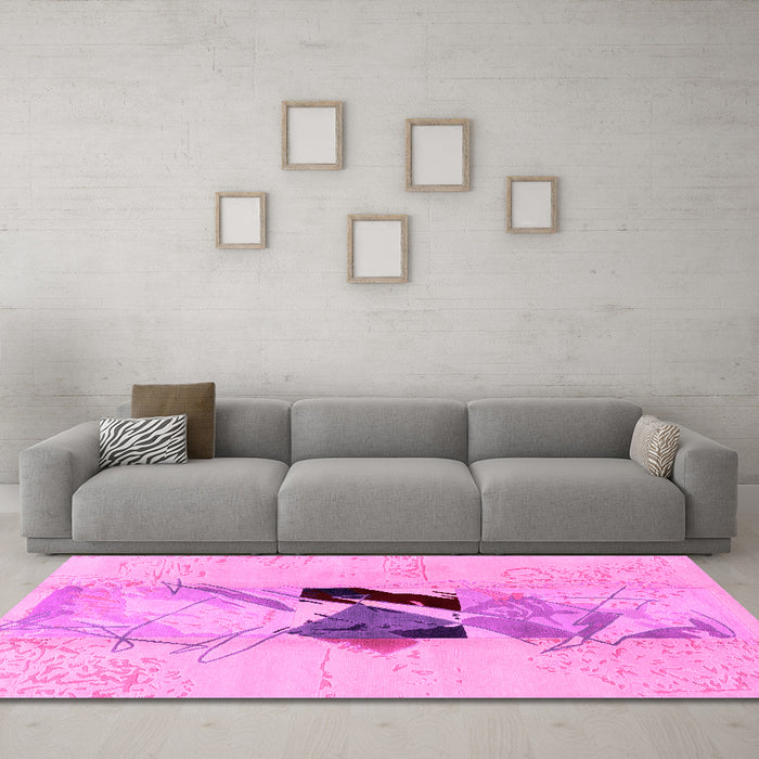 Machine Washable Abstract Pink Modern Rug in a Living Room, wshabs1903pnk