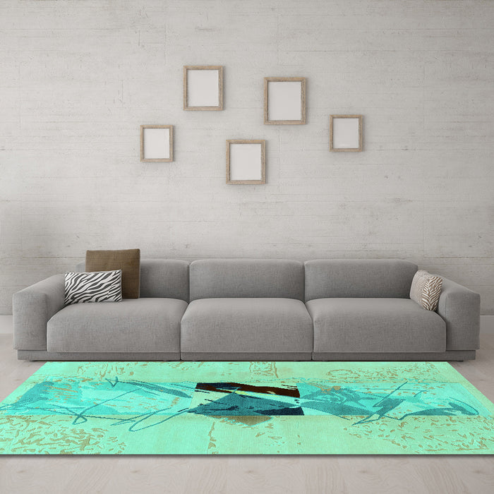 Machine Washable Abstract Turquoise Modern Area Rugs in a Living Room,, wshabs1903turq